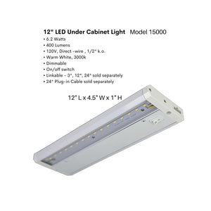 FLI Products 15000 12in LED Under Cabinet Task Light, Direct Wire Switch Dimmable, Linkable, 400 Lumens, Warm White