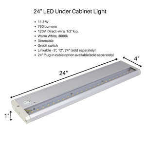 FLI Products 15002 24in LED Under Cabinet Task Light, Direct Wire Switch Dimmable, Linkable, 760 Lumens, Warm White