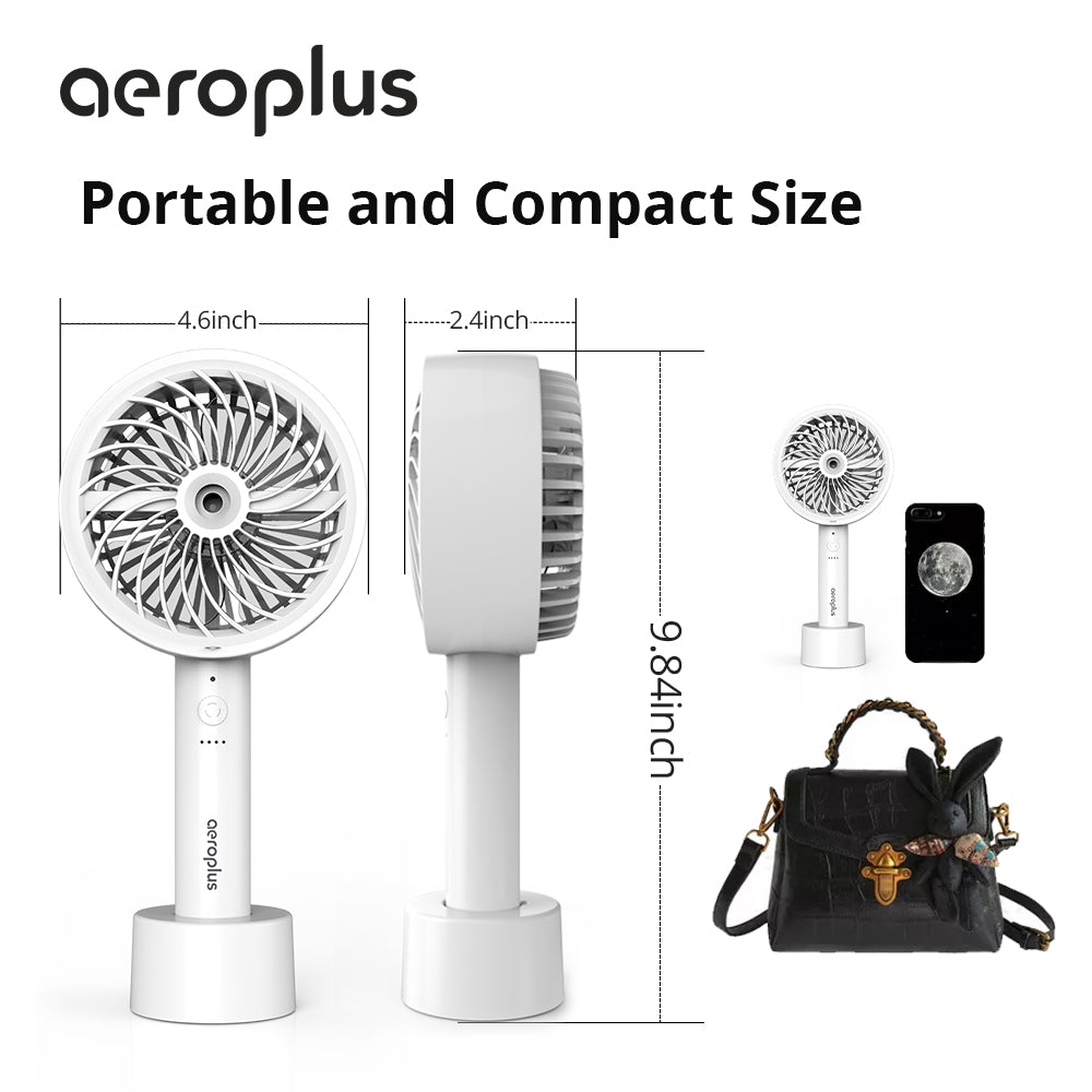 GF3 Handheld Portable Fan with Misting Option, Rechargeable Battery Operated Desk Fan for Travel, Outdoors, Camping, Hiking, 5in with Desktop Charger and USB(White)