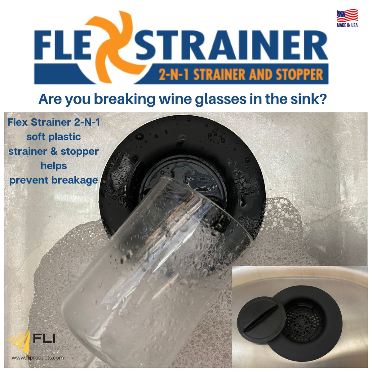 Fli Products Flex Strainer DPFS1010-2 Kitchen Sink Strainer and Drain Plug Stopper All in One, Fits All 3-1/2” Drains and Disposals, 5-1/4” Diameter