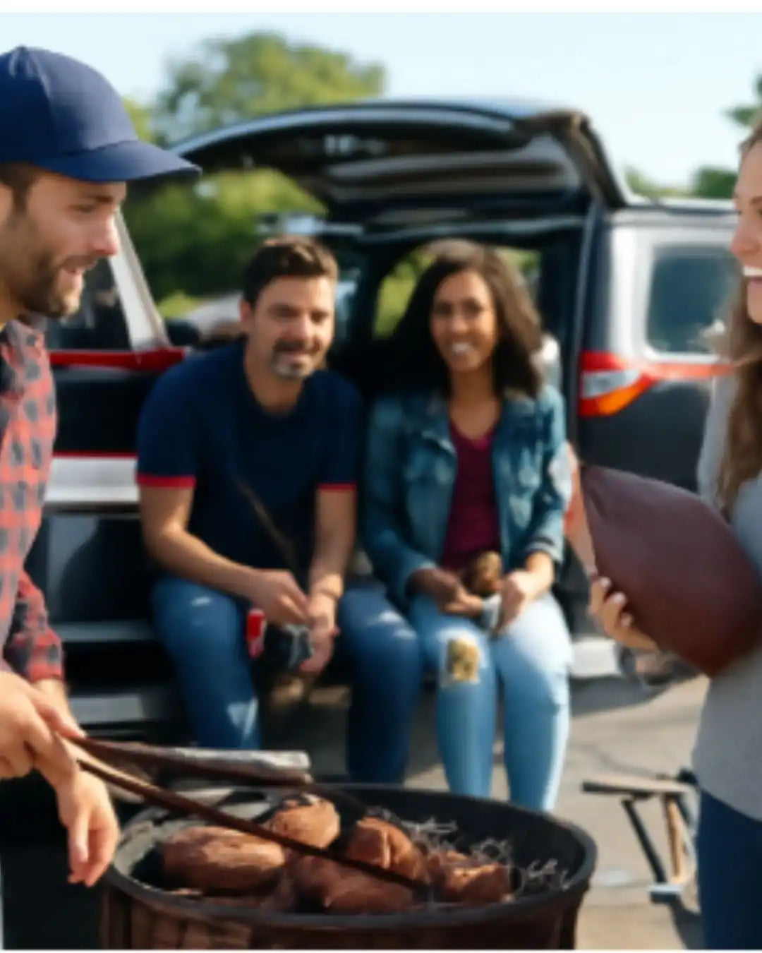 A group of friends tailgating with a grill of cooking food.