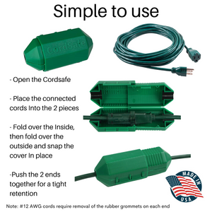 CordSafe PLUS Extension Cord Plug Protective Safety Cover, Water-Resistant Indoor Outdoor, Keep Cords Connected, For Patio Bistro String Lights Holiday Lights Christmas Lights Power Tools Fans