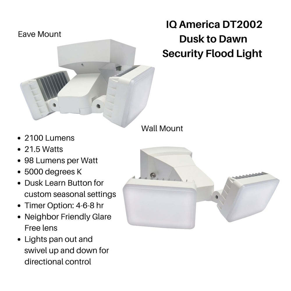 IQ America DT2002 Dusk-to-Dawn Security Flood Light w Timer, 2100 Lumen LED, Eave Soffit or Wall Mount Energy Saving Outdoor Weatherproof Commercial Residential WH