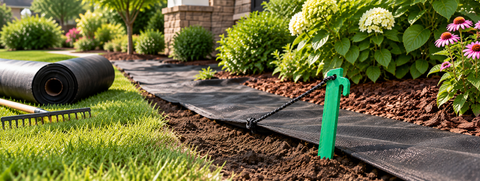 Landscape fabric secured for a backyard landscaping project