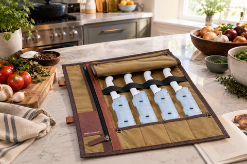 Open tan knife roll with four white-handled knives in translucent blade covers on a kitchen counter beside vegetables and herbs.