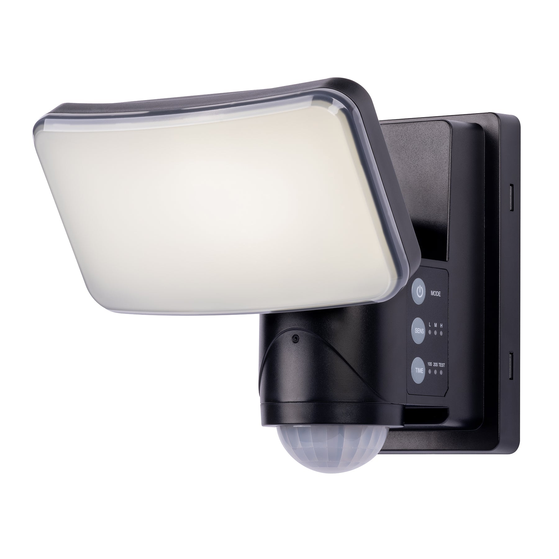 IQ America battery-powered LED motion security light illuminating a backyard patio and outdoor living space after dark, no wiring required