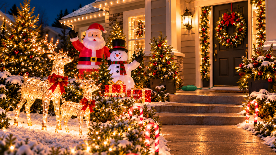 Snowy Christmas yard with lighted reindeer, Santa and snowman inflatables, gift boxes and candy cane lights.