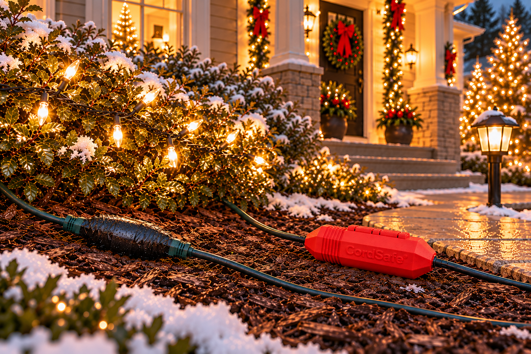 Red CordSafe enclosure and taped cord connection on mulch beside snow-covered shrubs and a Christmas-lit porch.