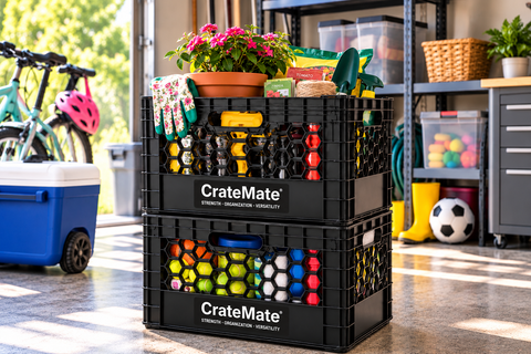 Two stacked black CrateMate crates holding gardening and sports supplies in a garage.