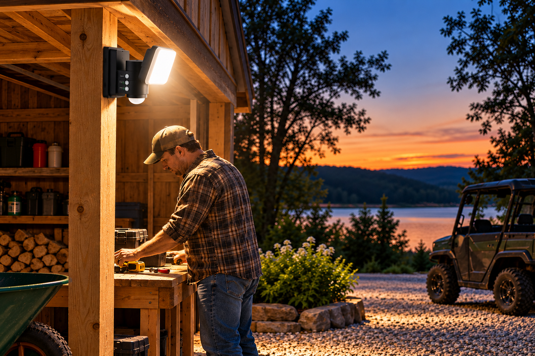 An outdoor light illuminates a man at a wooden shed workbench at sunset.