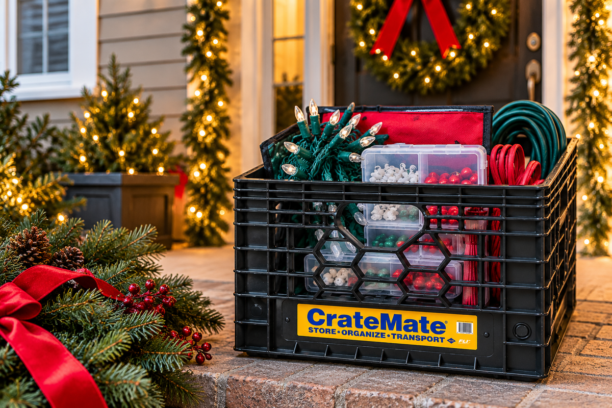 Black CrateMate crate holding Christmas lights, coiled cords and clear accessory organizers on a porch decorated with lighted garlands and wreaths.