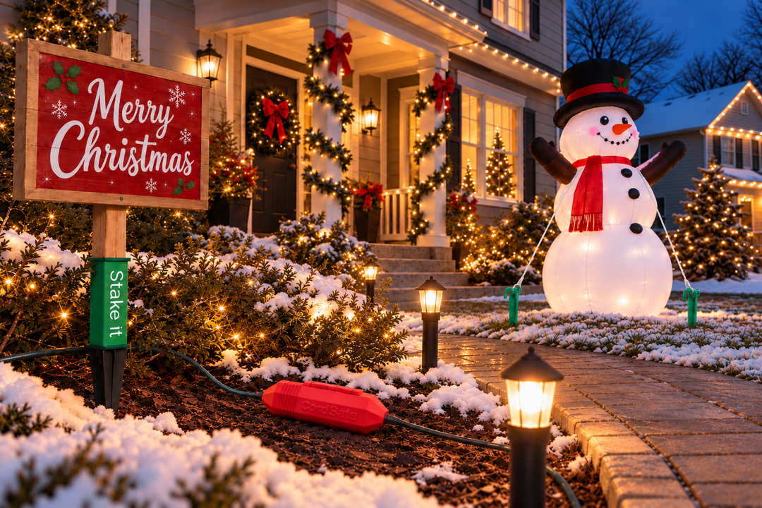 Christmas yard display with a Stake It sign support, tethered snowman inflatable, red CordSafe enclosure and lights.
