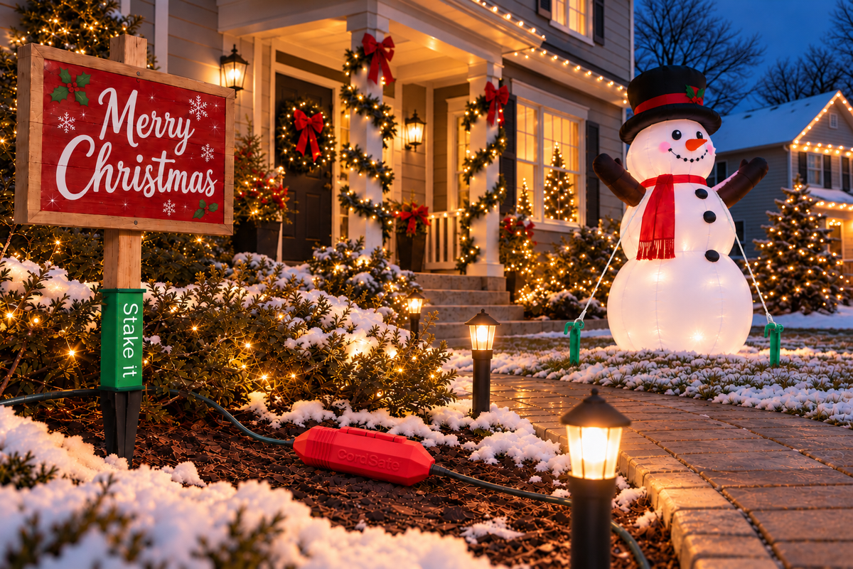 Christmas yard display with a Stake It sign support, tethered snowman inflatable, red CordSafe enclosure and lights.