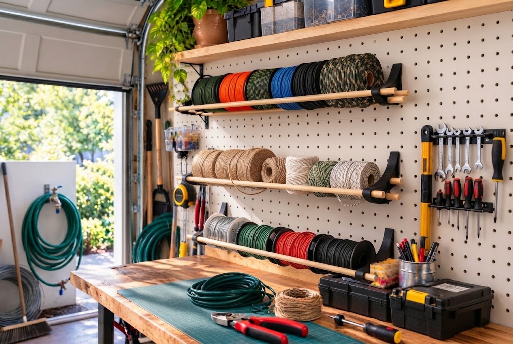 Garage pegboard with three rows of cord and twine rolls above a workbench.