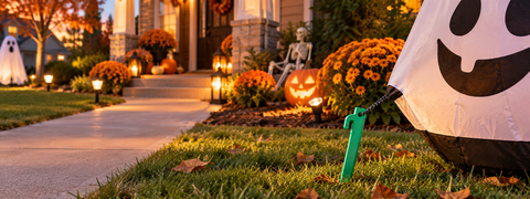 Halloween decorations secured on a front lawn with ground stakes
