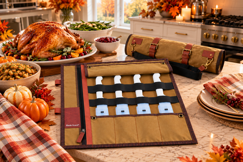 Open waxed canvas knife roll with four covered knives beside a closed roll and Thanksgiving turkey.
