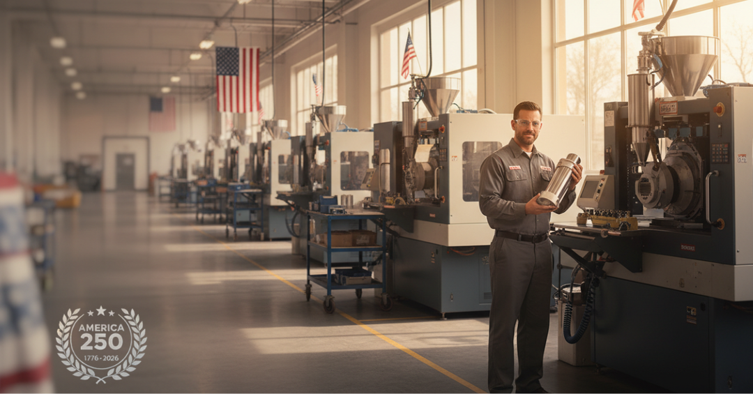 American male operator at plastic injection molding machine producing Stratus Rain Gauge components at Rogers Manufacturing Company in Rockfall Connecticut — America250 Made in USA manufacturing story for CrateMate by FLI Products