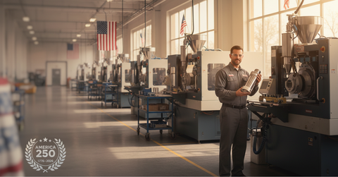 American male operator at plastic injection molding machine producing Stratus Rain Gauge components at Rogers Manufacturing Company in Rockfall Connecticut — America250 Made in USA manufacturing story for CrateMate by FLI Products
