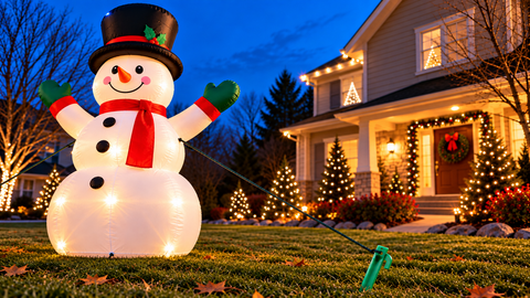 Inflatable snowman tethered to a green ground stake on a Christmas-decorated lawn at dusk.