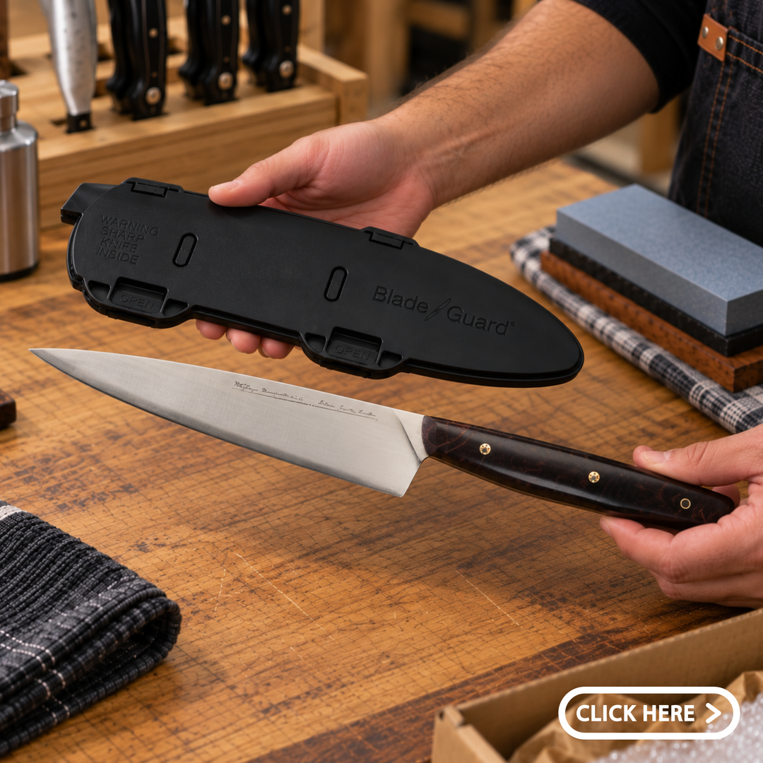 Hands holding a black Blade Guard knife protector above a chef’s knife on a wooden kitchen worktop, with a knife block, sharpening stone, and folded cloth nearby.