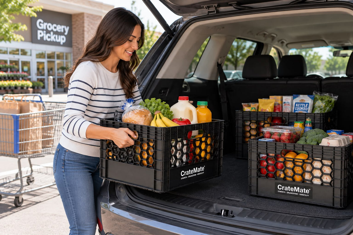 CrateMate reusable storage crate helping organize groceries after pickup