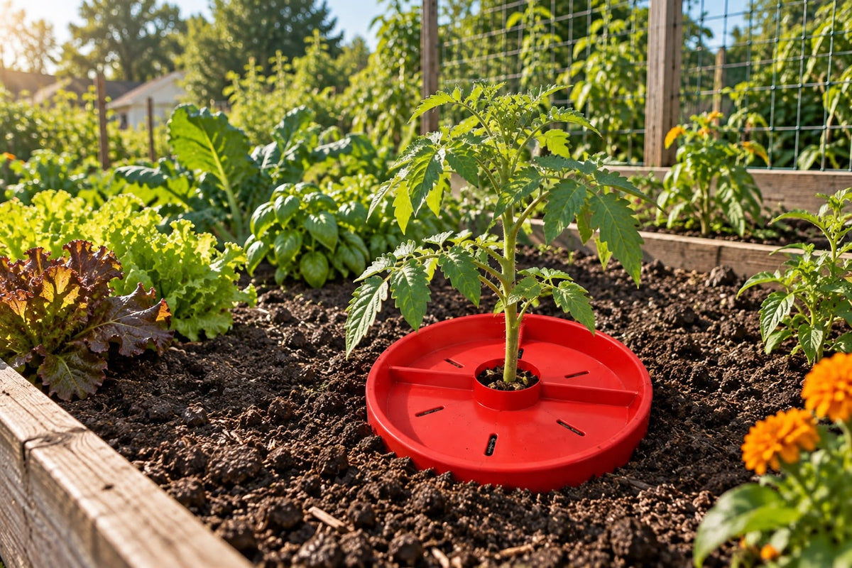 Soil thermometer measuring temperature in a tomato garden root zone