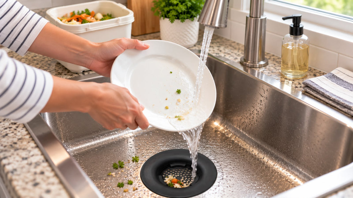 Flex Strainer® Kitchen Sink Basket Strainer catching food scraps at a drain opening