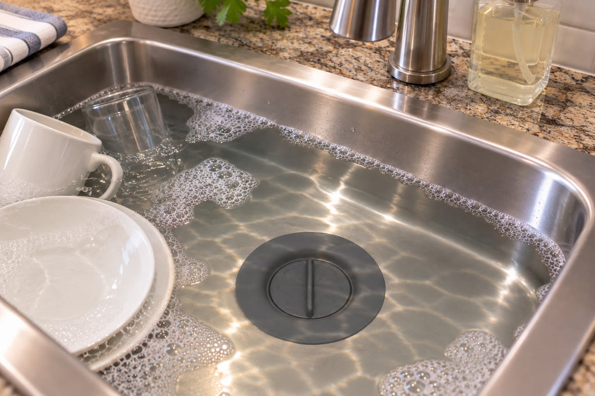Flex Strainer® 2-in-1 Sink Strainer and Stopper in a kitchen sink drain
