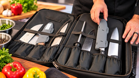 Blade Guard™ knife blade protectors packed inside a professional chef bag