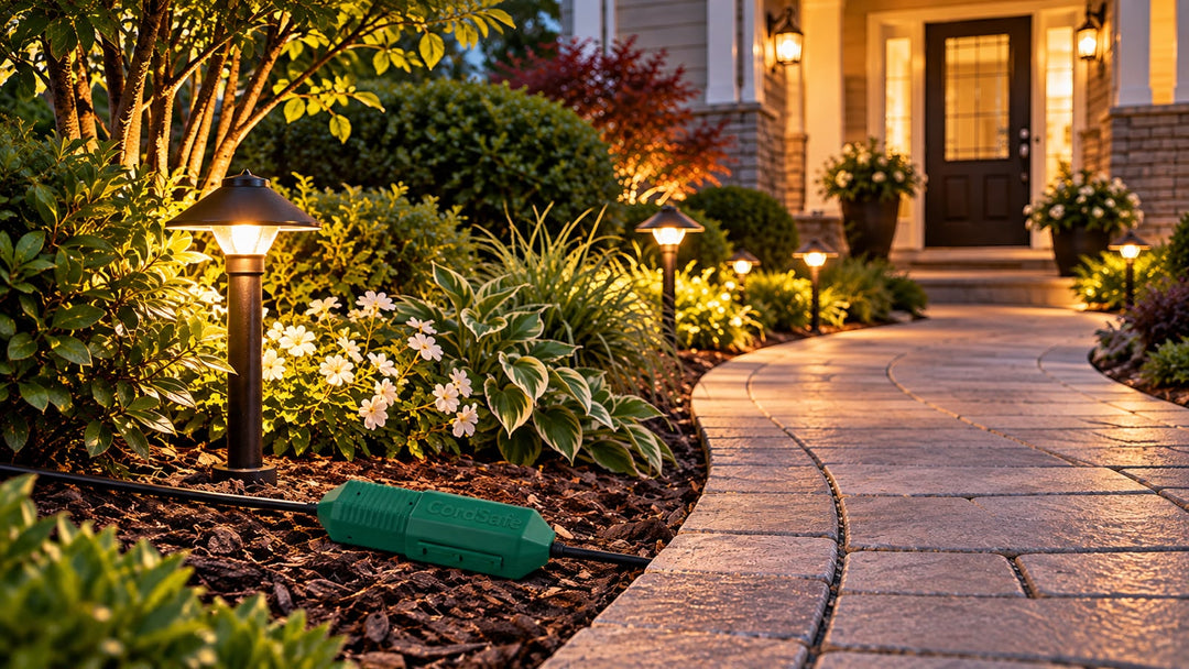 Green CordSafe enclosure around a cord connection on mulch beside an illuminated garden path.