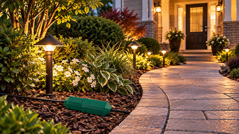Green CordSafe enclosure around a cord connection on mulch beside an illuminated garden path.