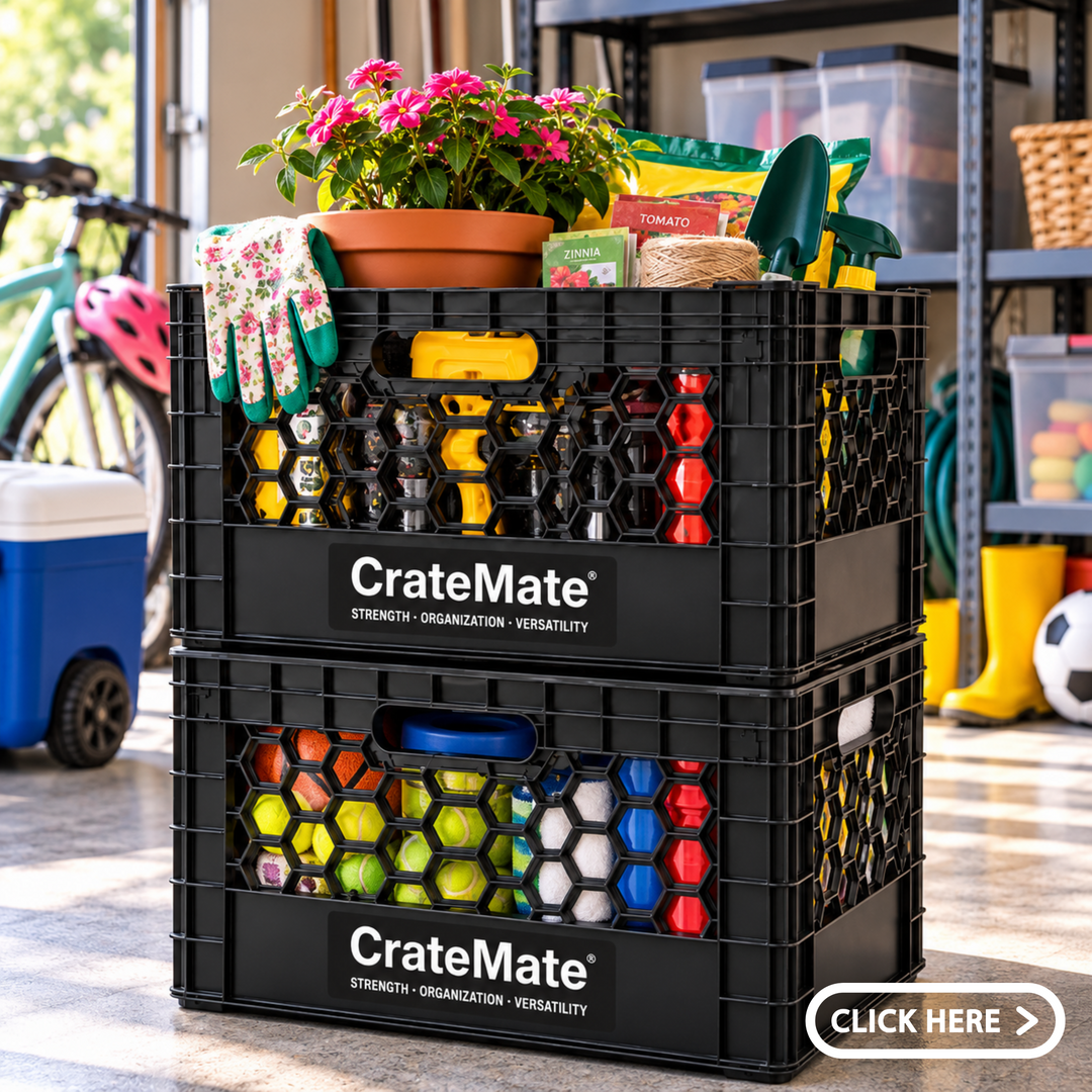 Two stacked black CrateMate storage crates in a garage, with gardening gloves, hand tools, seed packets, twine, and a flowering plant in the upper crate and sports balls in the lower crate; shelving, a bicycle, cooler, and boots are visible nearby.