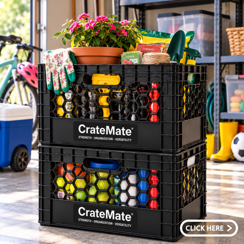 Two stacked black CrateMate storage crates in a garage, with gardening gloves, hand tools, seed packets, twine, and a flowering plant in the upper crate and sports balls in the lower crate; shelving, a bicycle, cooler, and boots are visible nearby.