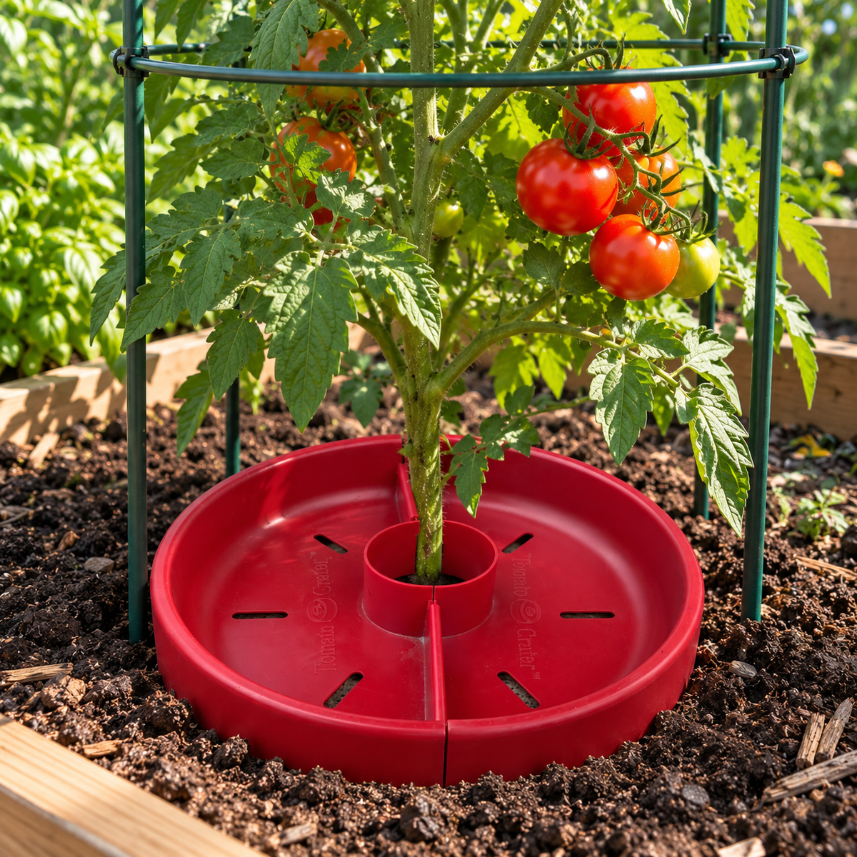 Red Tomato Crater around a tomato plant with ripening fruit and a green support cage in a raised bed.