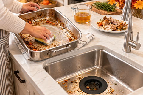 A person scrubs a turkey roasting pan beside a stainless steel sink with a black strainer at the drain.