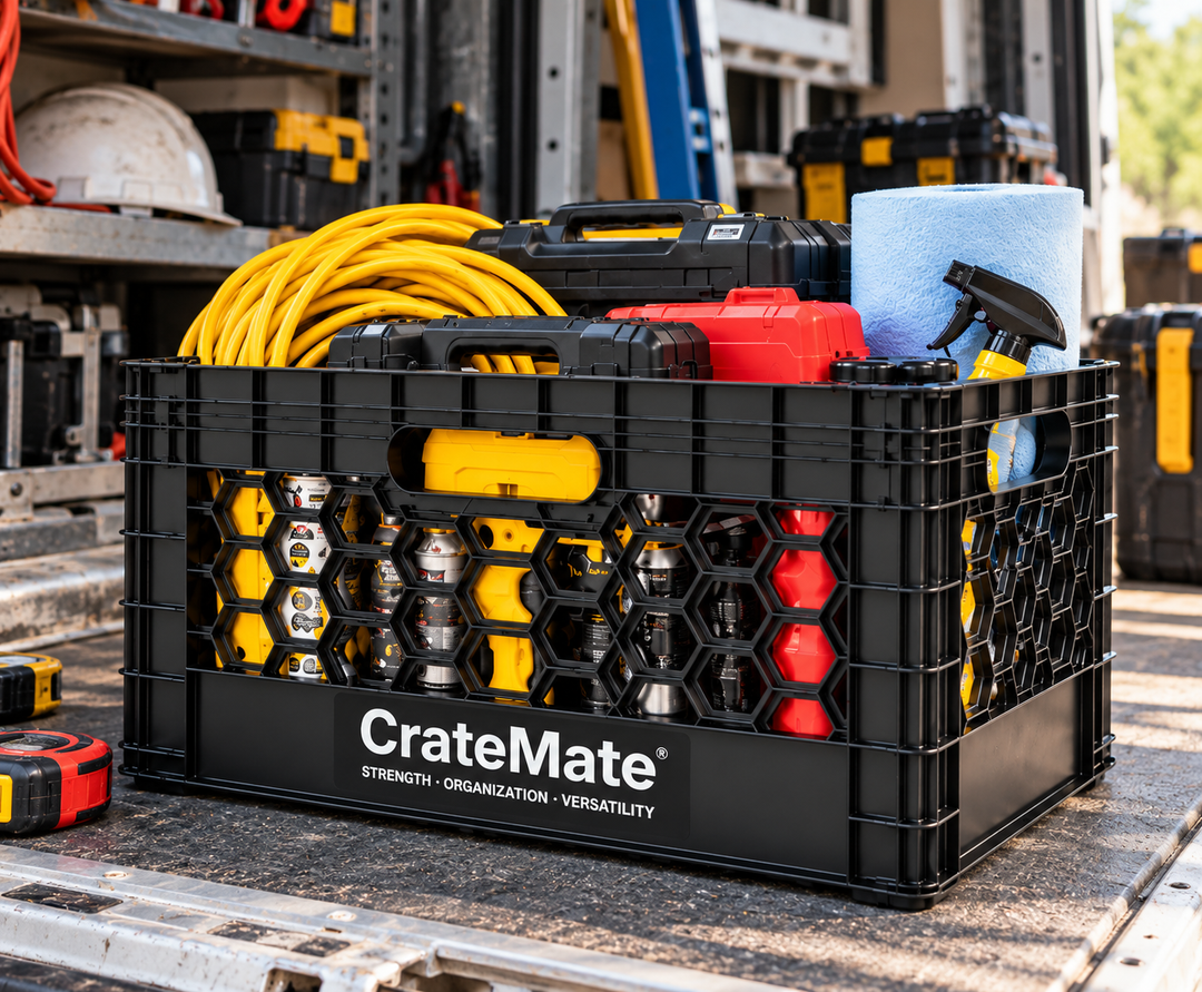 Black CrateMate crate holding tool cases, a yellow extension cord and supplies at the rear of a work vehicle.