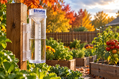 Stratus rain gauge in a Texas fall vegetable garden
