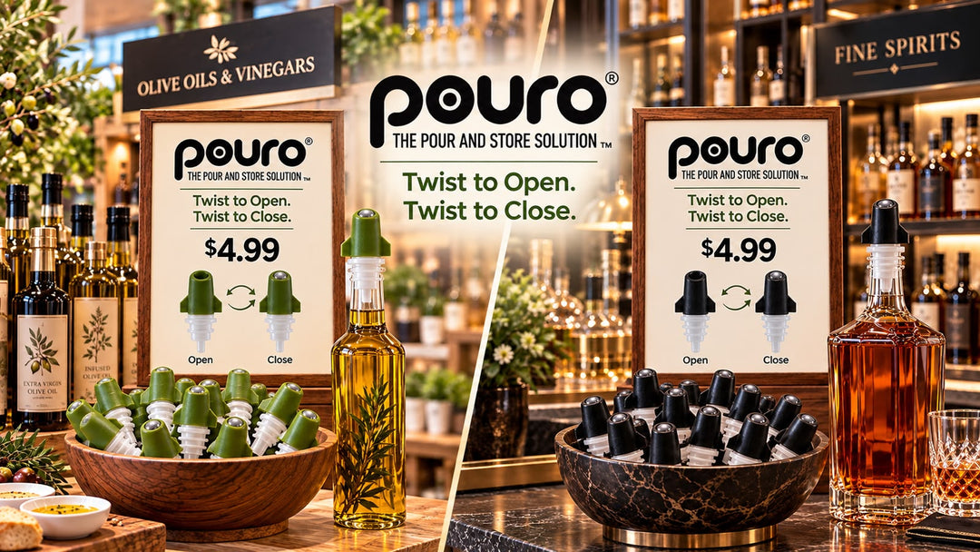 Green and Black Pouro bottle pourers for oils, vinegars and spirits