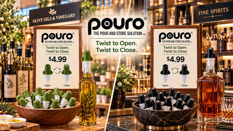Green and Black Pouro bottle pourers for oils, vinegars and spirits