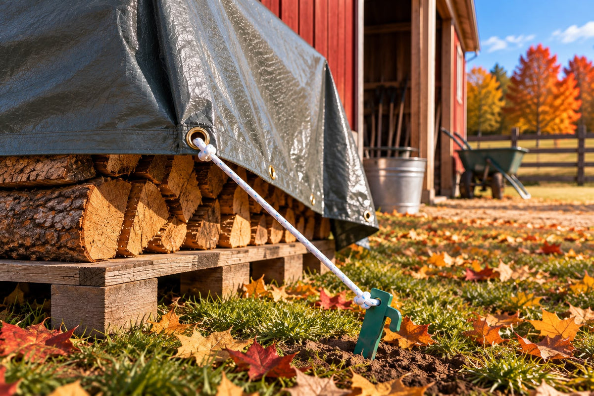 Temporary tarp cover near a barn and animal shelter