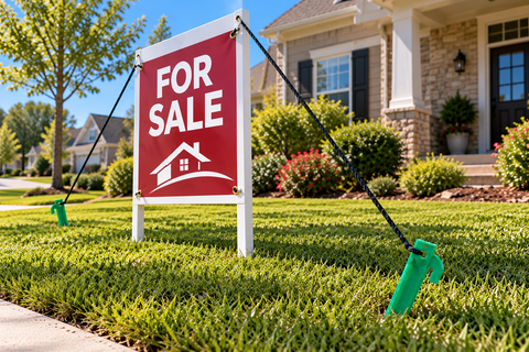 For Sale sign in a white frame with black guylines connected to green ground stakes in a front lawn.