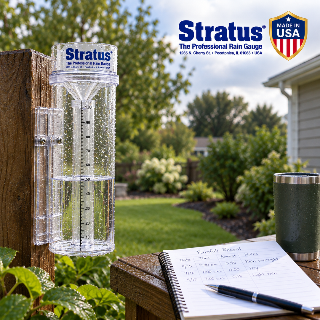 Clear Stratus rain gauge mounted on a wooden post in a backyard garden, with water visible in the measuring tube, a rainfall-record notebook and pen on a nearby wooden surface, and Stratus branding with a Made in USA badge above.