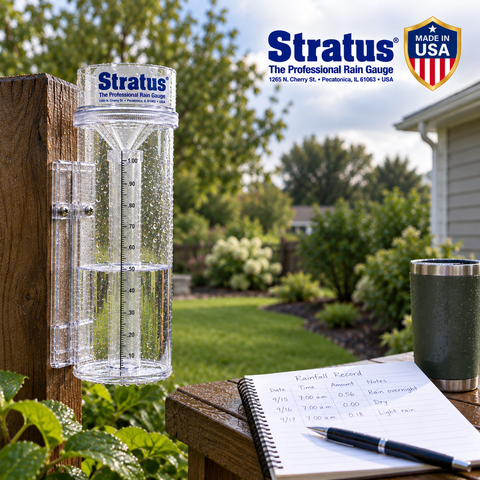 Clear Stratus rain gauge mounted on a wooden post in a backyard garden, with water visible in the measuring tube, a rainfall-record notebook and pen on a nearby wooden surface, and Stratus branding with a Made in USA badge above.