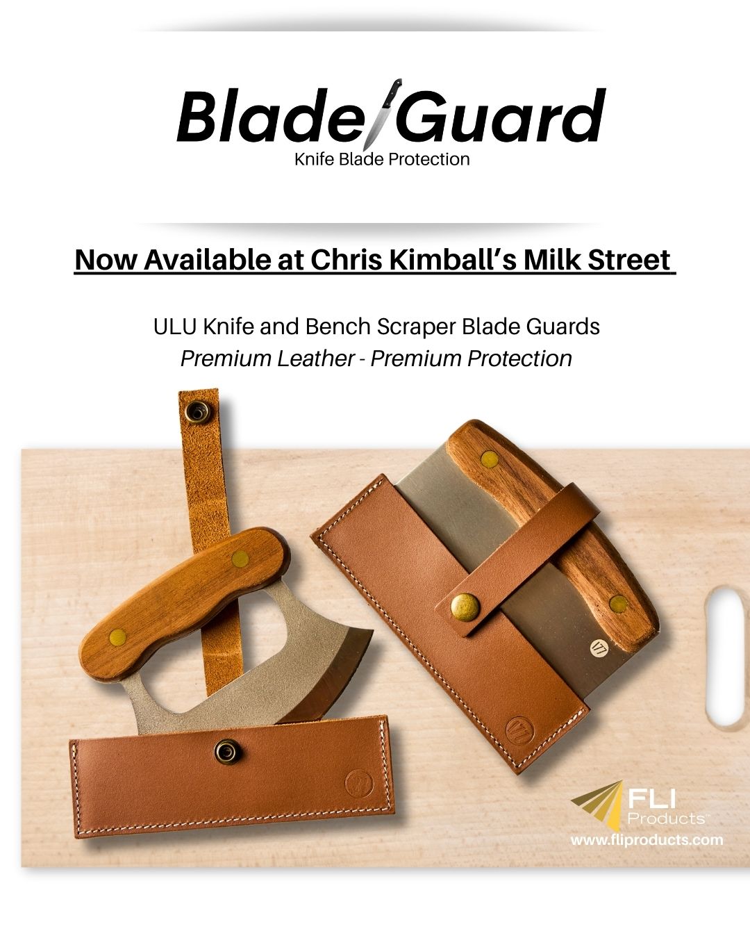 Premium leather Blade Guards from FLI Products protecting Milk Street ULU Knife and Bench Scraper