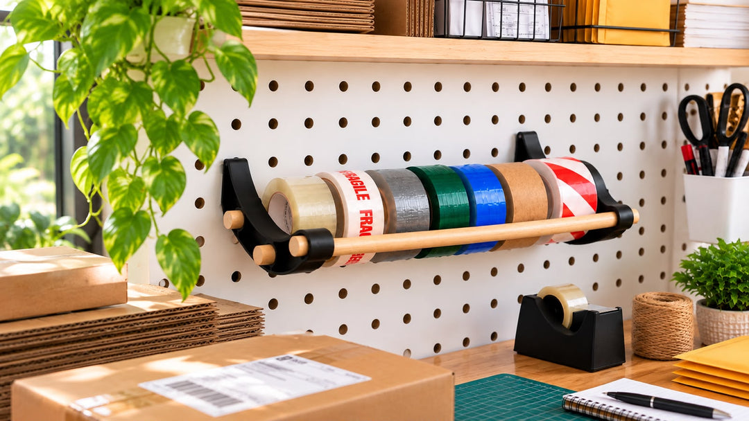 Pegboard storage keeping rolled supplies off a shipping-station counter