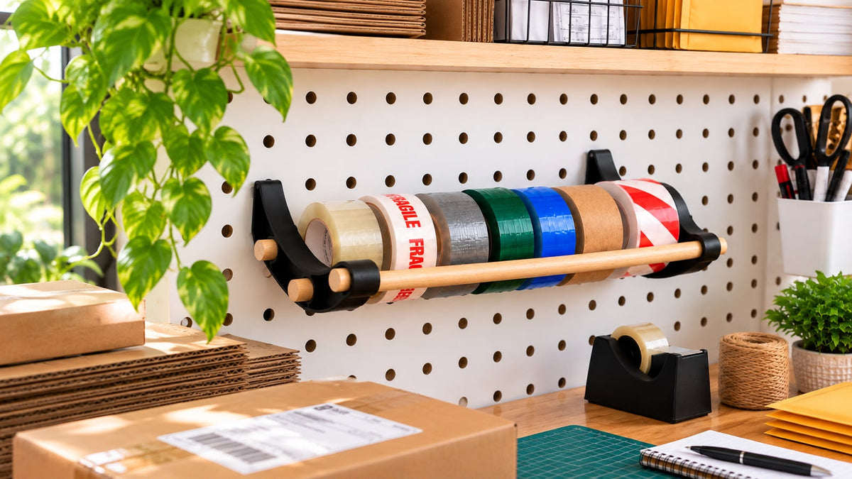 Pegboard storage keeping rolled supplies off a shipping-station counter