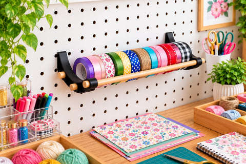 Peggy pegboard organizer displaying craft-supply rolls craft station
