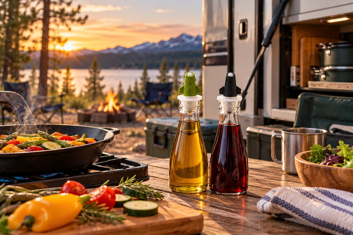 Camping cooking setup with oil, vinegar, and condiments