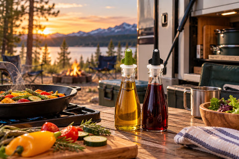 Camping cooking setup with oil, vinegar, and condiments