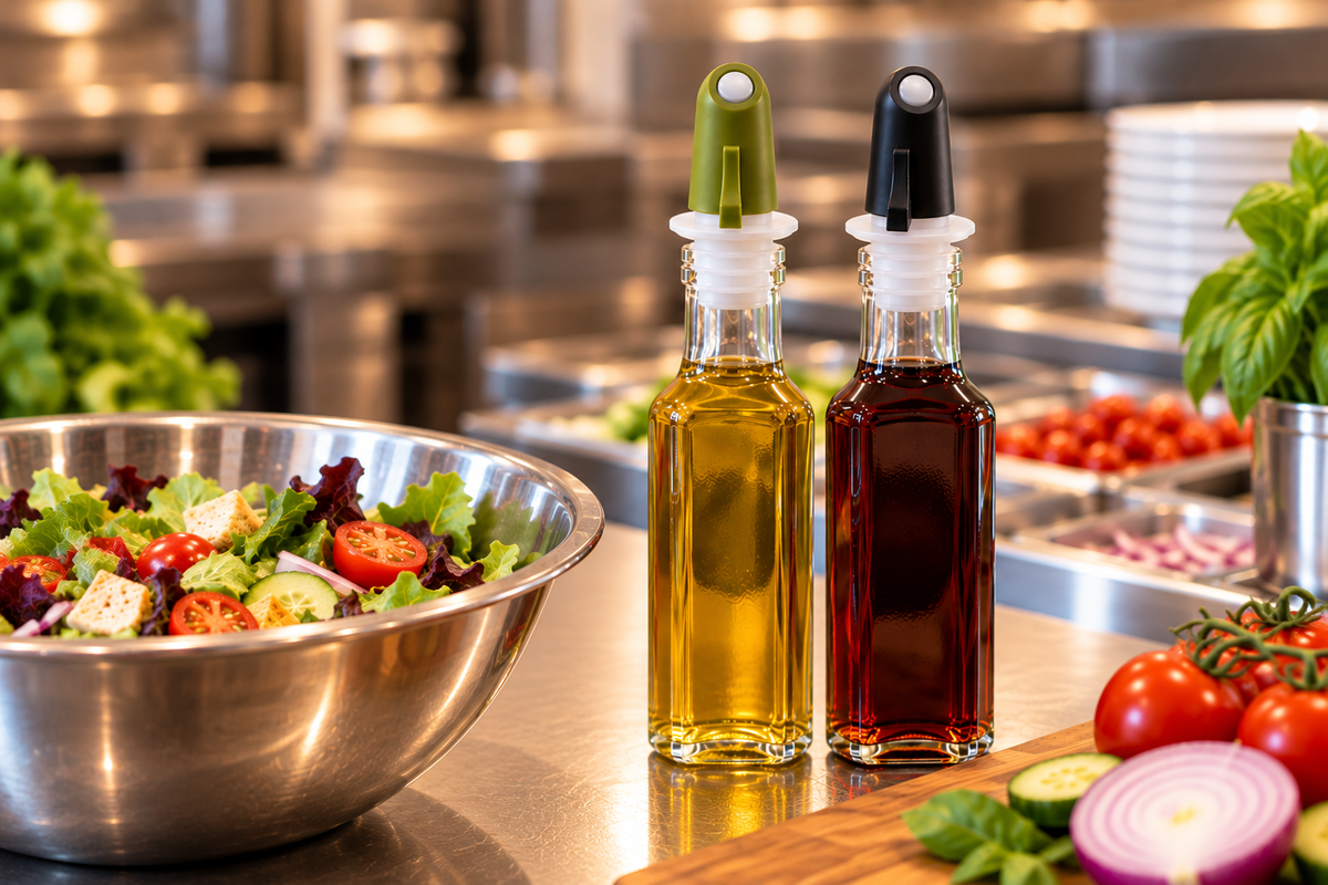 Bottles of golden and dark liquids fitted with green and black pourers beside salad ingredients in a restaurant kitchen.